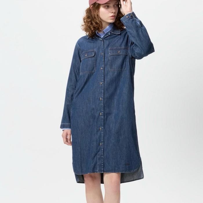 Gaun Kemeja Denim Kerah Terbuka Dress JW Anderson Jastip Uniqlo Original