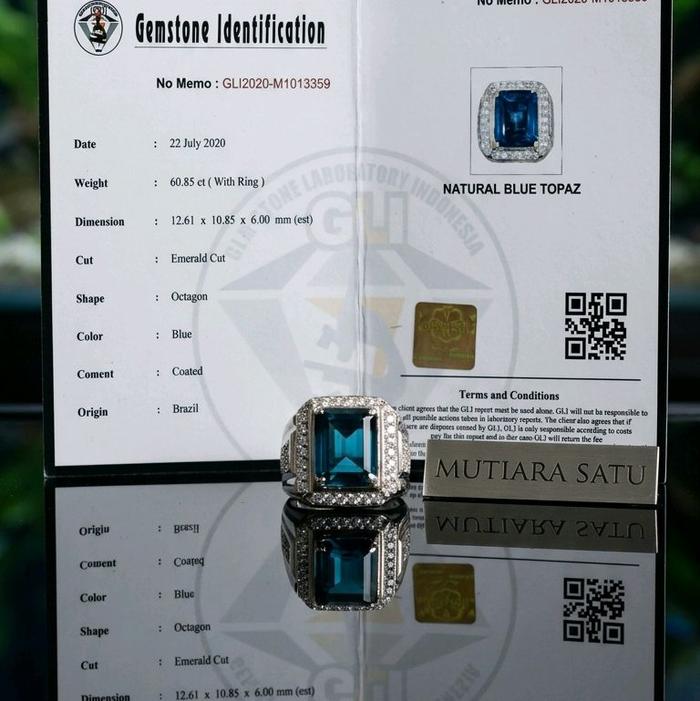 batu permata cincin blue topaz london octagon plus sertifikat gli lab