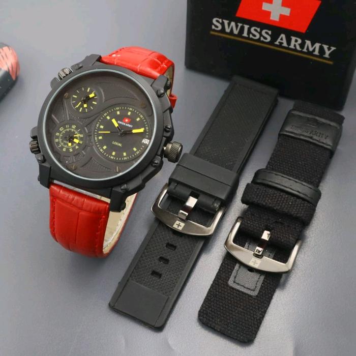 Jam Tangan Pria Swiss Army Strap Kulit Ori Analog Free 2 Tali Dan Box + Battre Cadangan Terlaris