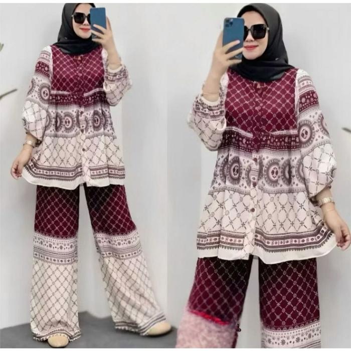 RINJANI SET TUNIK RAYON LD 120 CELANA KULOT | ONE SET TUNIK RAYON | SET WANITA RAYON KEKINIAN | SETE