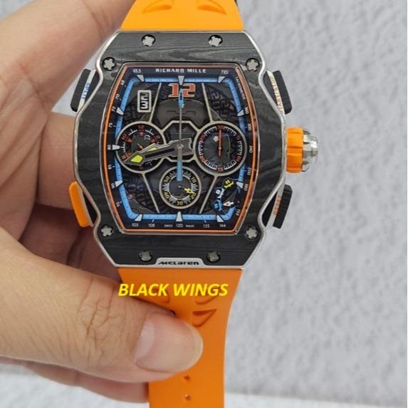 RM65 BLACKWINGS JAM TANGAN MCLAREN SWISSCARBON BLACK CASE SOFT RUBBER STRAP ORANGE AUTOMATIC RM 65