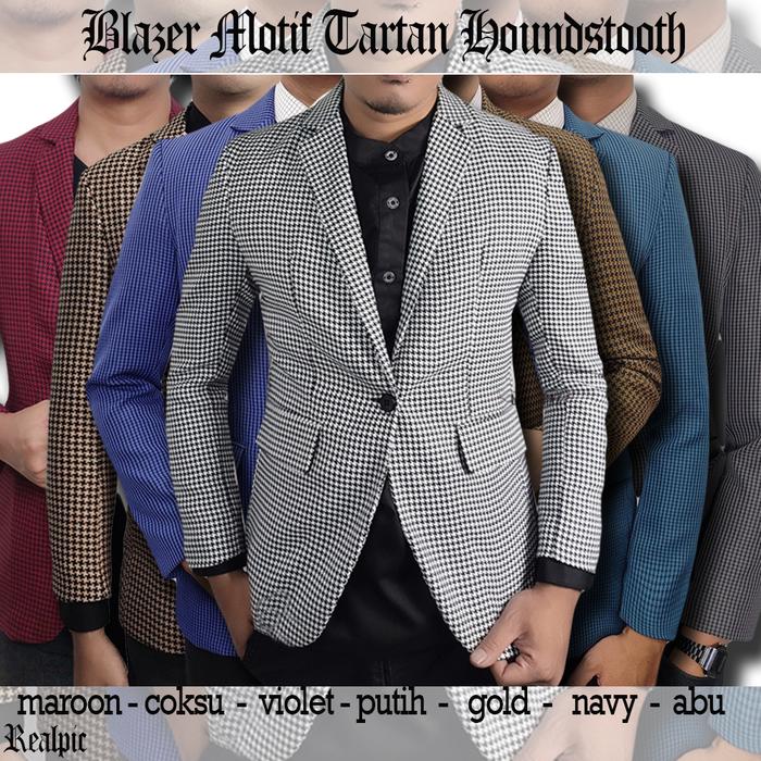 blazer jas pria motif houndstooth merah coksu violet putih gold navy dan abu tua slimfit realpic ber
