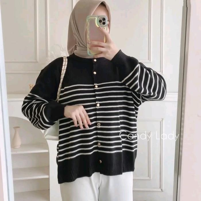 Cardigan Rajut Kancing Gold Motif Belang Lokal Premium Wanita - Outer, Garis, Panjang, Baju, Atasan