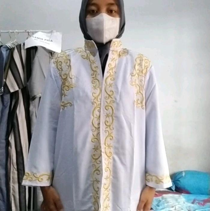 jubah luaran pria muslim putih lis emas jubha luar bordir