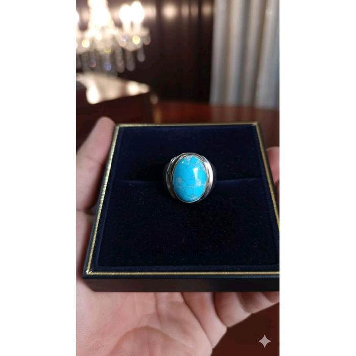 cincin batu akik pirus mesir serat perak 18x13 mm ring monel tanam terbaik
