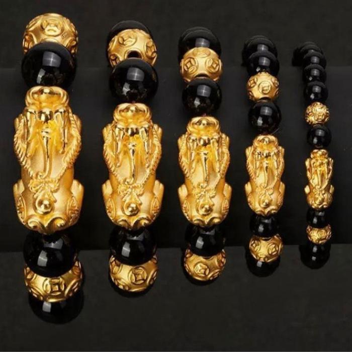 Gelang Pixiu Obsidian Alami Model Pasangan Uniseks Keahlian 5D Dinding Tipis Berongga gelang  batu  