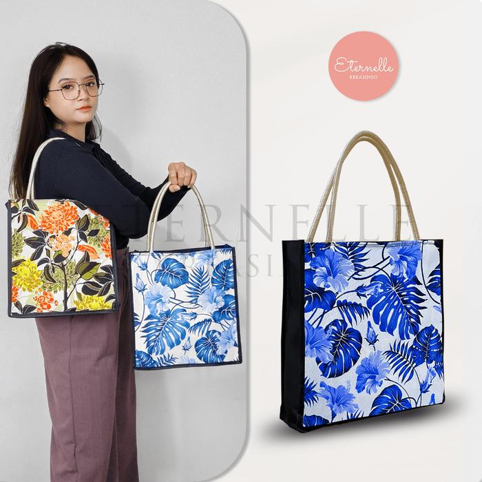 Tas Jinjing Kotak Tali Sumbu Ukuran Besar 27x30 cm, Tas Kanvas Wanita Premium Motif Bunga untuk Kant