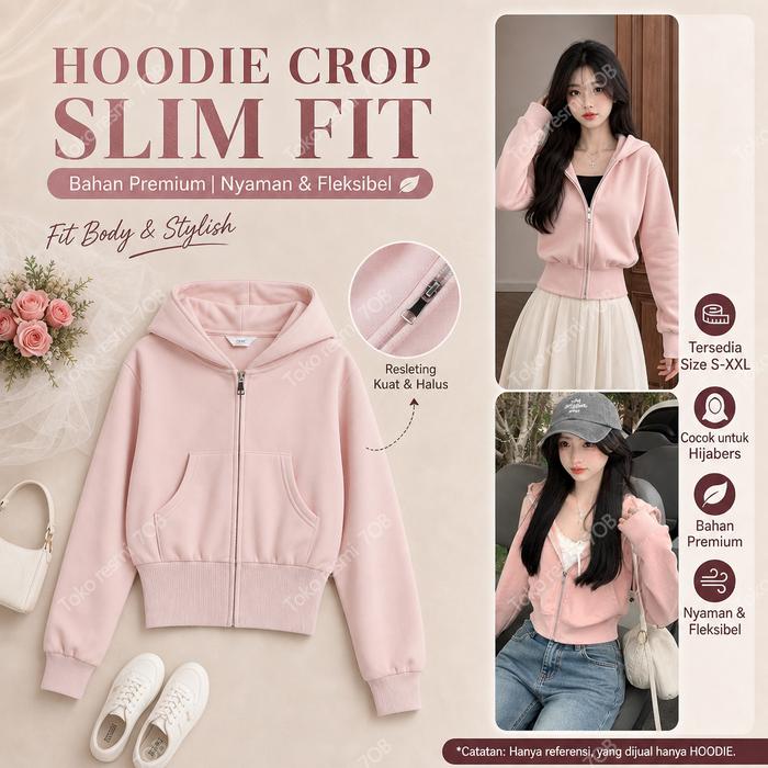 Waist slimming pink zipper short hoodie hoodie - Soft fabric, casual daily wear, waist slimming slim