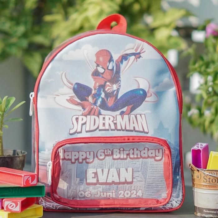 Custom Tas Ransel Anak Bahan Mika bening kombinasi kulit sintetis print, cocok untuk ultah hampers