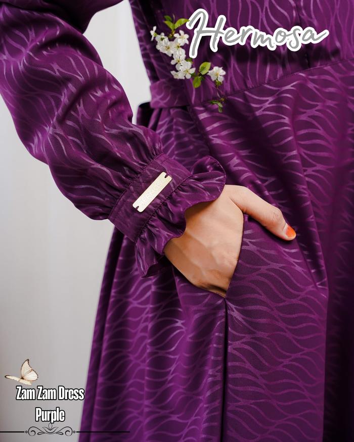 (Gamis hermosa bahan wolfis embos motif zamzam ungu tua-gamis lenaran ungu tua syari premium