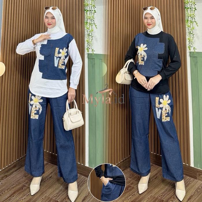 Myla.id One Set Bloom - Atasan Kaos Lengan Panjang & Celana Denim dengan Aksen Grafis LOVE dan Motif