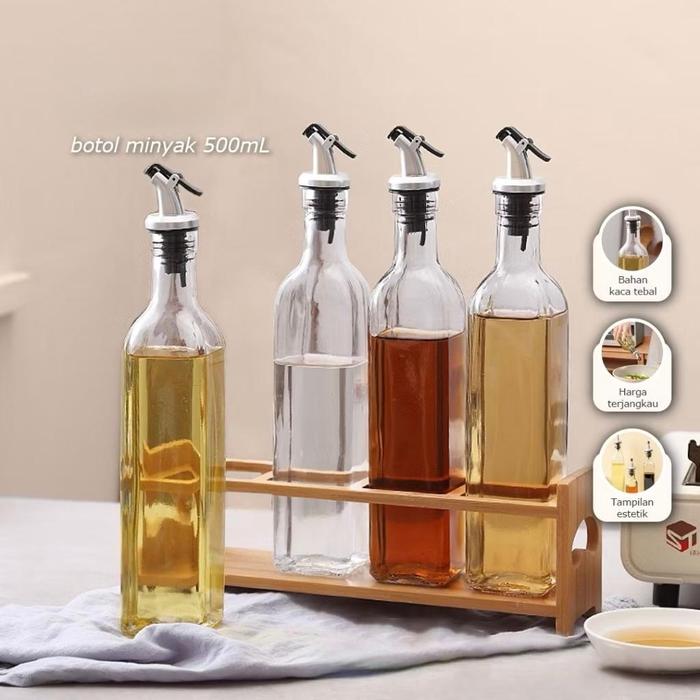 Botol Minyak Goreng Kaca Bening Wadah Minyak Goreng 500ML Botol Kecap Tutup Stainless