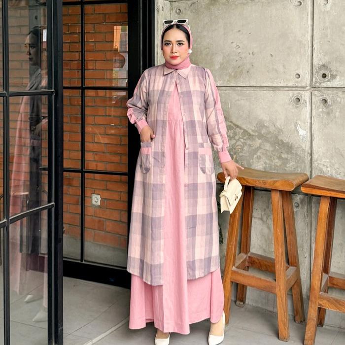 Indah Fashion - Set  Outer ( Fauzana ) Kotak Katun Wanita Oz Terbaru Mewah Setelan  Gamis Muslim Nya