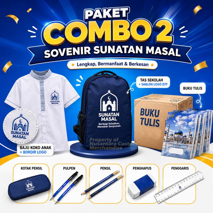 Paket Combo 2 Souvenir Sunatan Massal | Baju Koko Anak + Tas Sekolah + Alat Tulis Lengkap