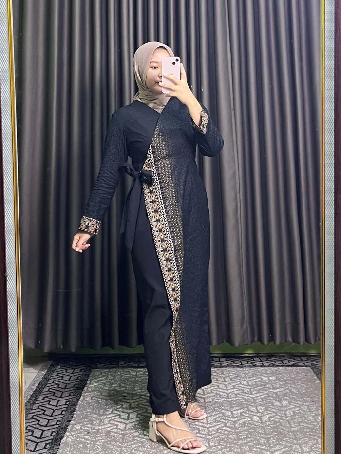 Dress Athar Hitam motif Batik premium kombinasi polos Gamis Lebaran Kondangan batik Muslim Wanita De