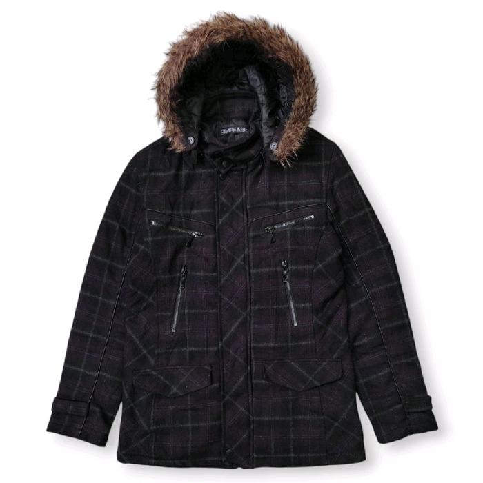 In The Attic Japanese Brand  Wool Checkered Removable  Fur Hoodie Parka Jacket