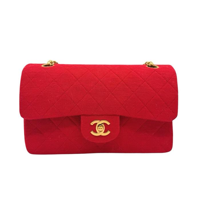 Pre - owned Chanel Classic Doubl Flap Jersey Medium - Red / RGHW Wanita Cewek Selempang