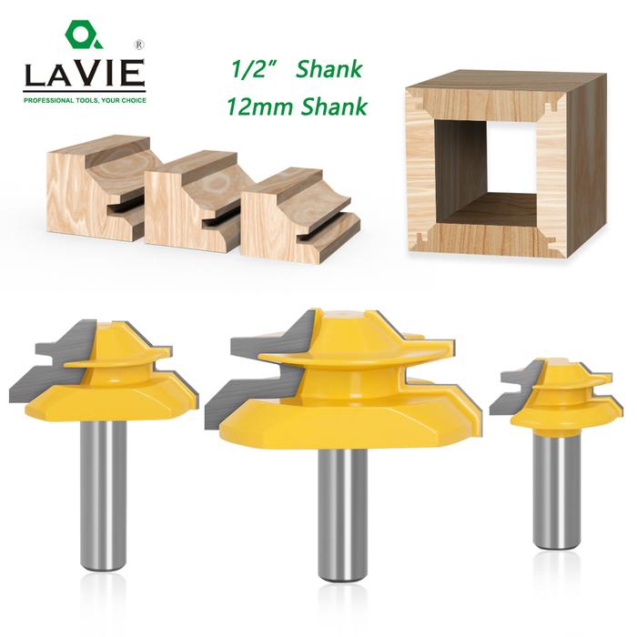 LAVIE 3pcs 12mm 1/2" Shank 45 Degree Lock Miter Bits Glue Joint Set