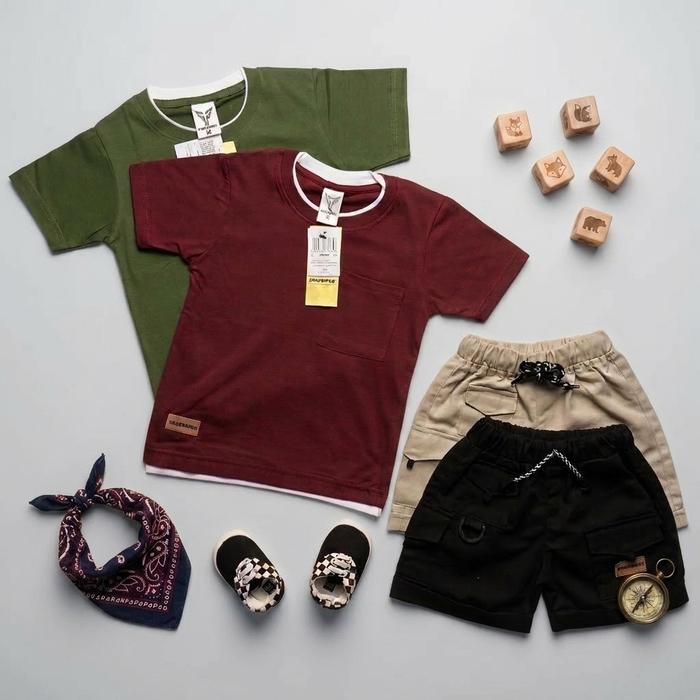 BRAVEKIDS FASHION TWO LAYER SETELAN ANAK 1-5 TAHUN TSHIRT KATUN 24s & CELANA CARGON UNION DRILL BAHA