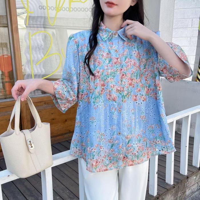 KLV Atasan Jumbo Oversize Blus Katun Bolong Wanita Import Buka Kancing Lengan 3/4