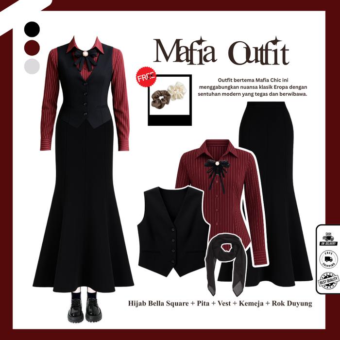 Outfit Yearbook Mafia ( Hijab + Pita + Vest + Kemeja + Rok Duyung ) One Set Outfit Mafia Wanita Sete