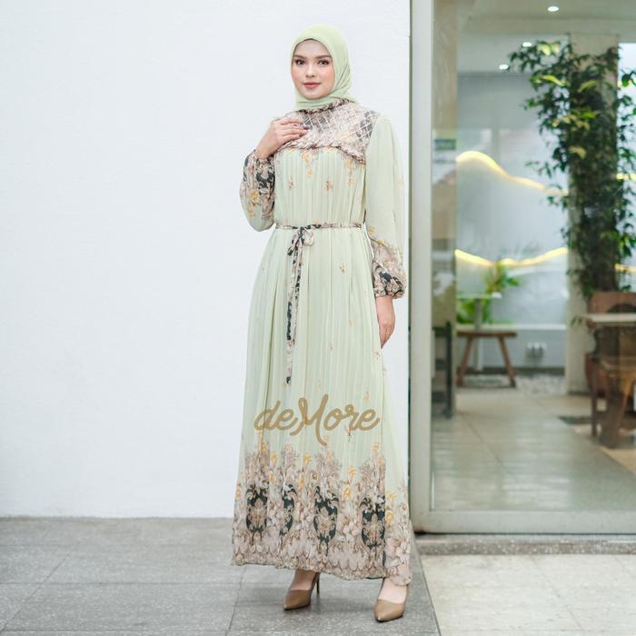 Demore Gamis Kavina Maxi Rempel Pleats Kekinian - Abaya Plisket Elegan Motif Bunga Tabur - Dress Rem