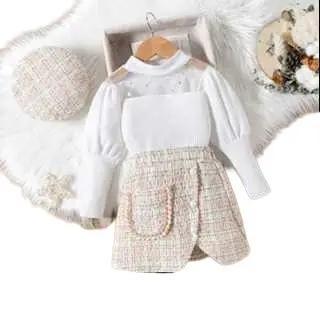 Set Baju Anak Perempuan KALUNA 3 in 1 Atasan Lengan Panjang Rok Tweed Pendek Topi Tweed Fashion Kore