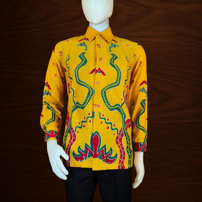 atasan kemeja pria motif batik lampung kuning lengan panjang bahan katun prissima berlapis furing