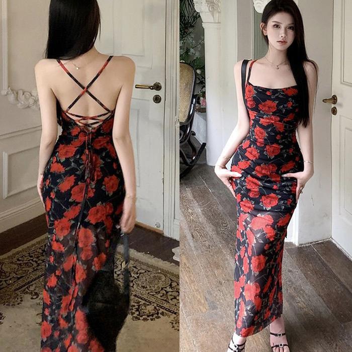 Retro style socialite rose print backless sexy waist cinching slimming camisole long dress