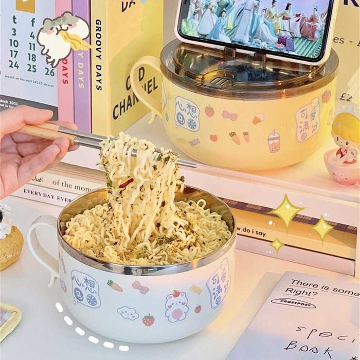 1pc 304 Stainless Steel  Rice Bowl Cute Instant Noodle Bowl Student