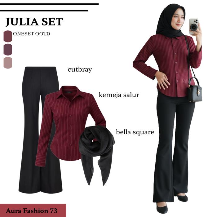 Setelan Wanita Julia Set 3in 1 ( Kemeja Salur, Celana Cutbray, Bella Square ) Outfit Korean Style - 