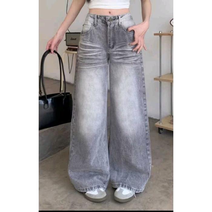 Celana Skena Pria Wanita Trendy Gombrong Hitam Abu Biru Jeans Denim Non-Stretch 4 Saku Jahitan Stand