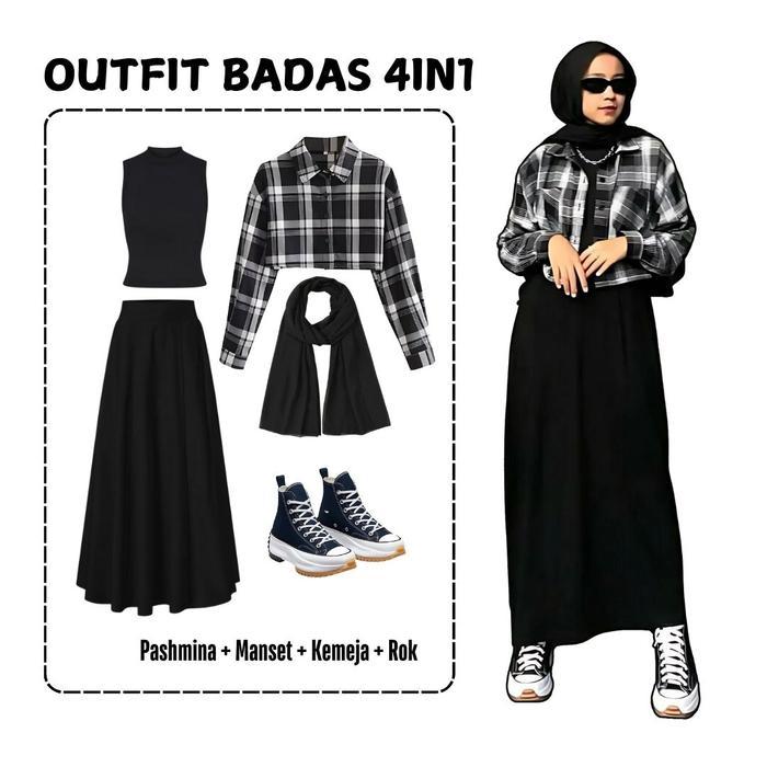 One set 4in1 kemeja crop kotak manset hitam rok a hitam panjang pashmina ceruty hitam | ootd outfit