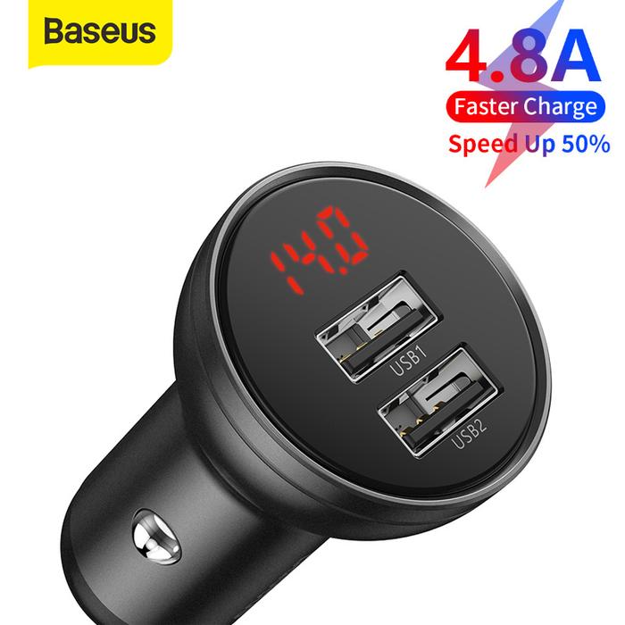 Baseus 24W Dual USB Car Charger Phone Charging Metal Digital Display