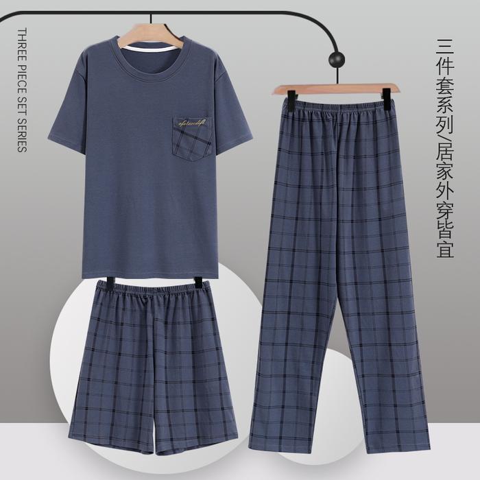 Men's Plaid Cotton 3 P /set Pajamas Set Summer Short-S ve Tops+Shorts+Long Pants N htwear Home Wear 