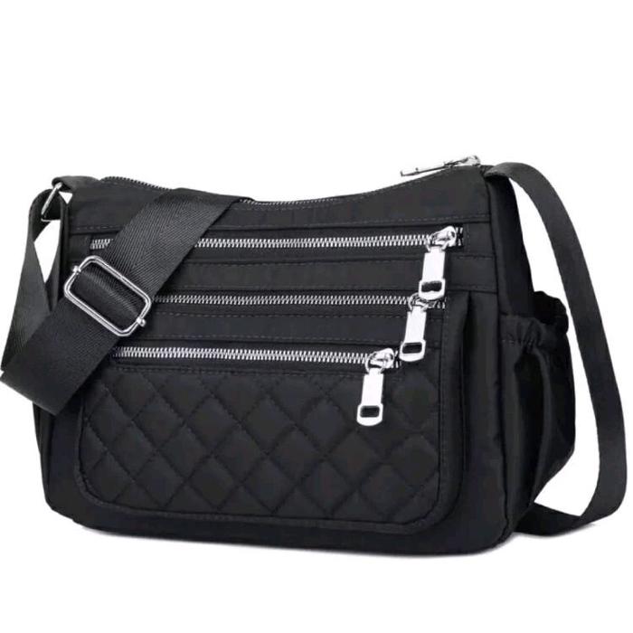 Tas Selempang Model Cibao Bordir Kotak-Kotak Wanita Slingbag dengan Desain Quilted dan Resleting Sil