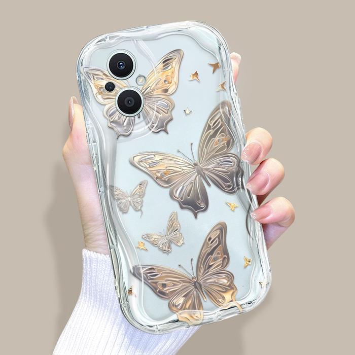 OPPO Reno 7Z 8Z 5G Untuk Hp Casing Softcase Golden Butterfly Cassing Handphone Cream Texture Wavy Ed