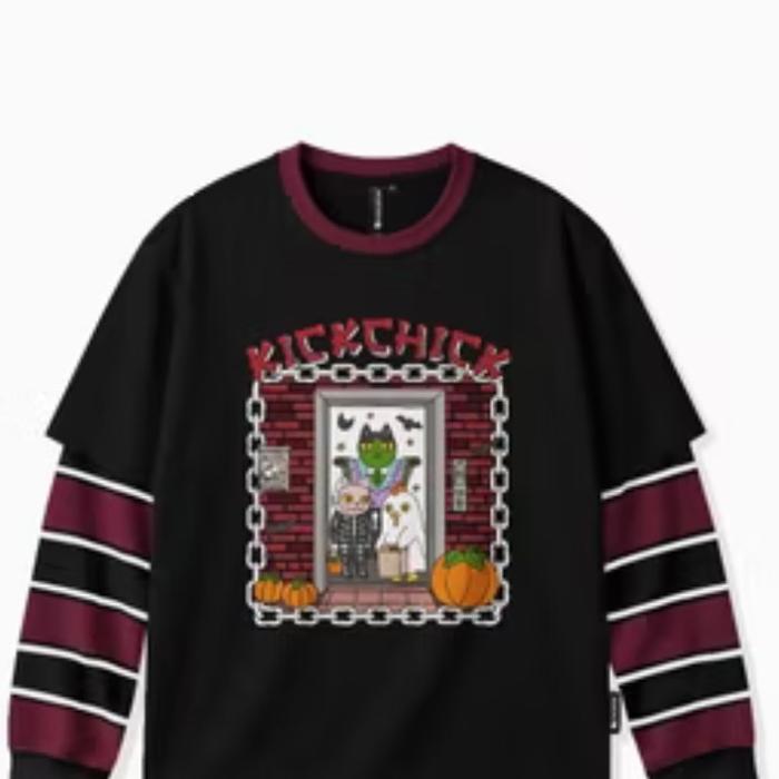 ￼Kickchick Doublesleeve Stripe Fright Night Black Maroon  | Kaos Atasan | Lengan Panjang Unisex | KC
