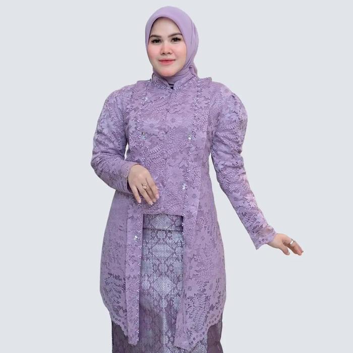 Setelan Tunik Kancing Amora Bahan Brukat Premium Warna Ungu Muda - Muslim Wanita Celana Panjang Brok