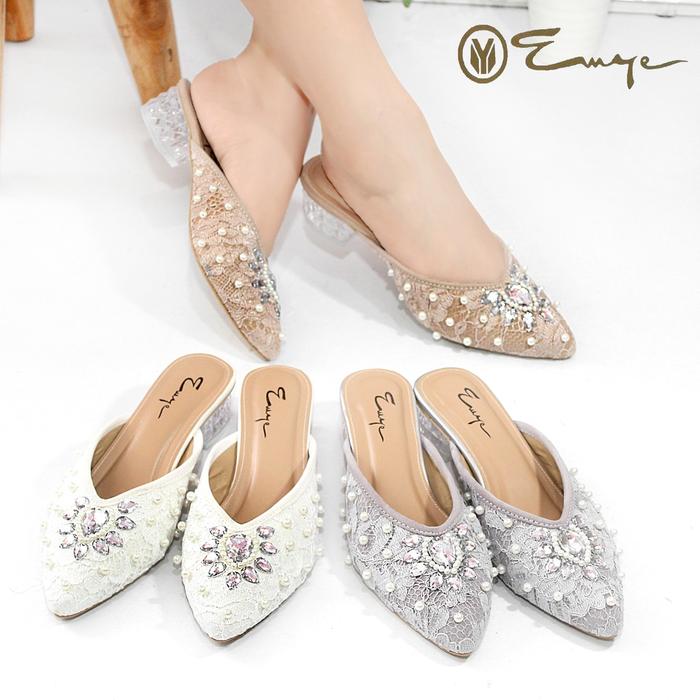 Emye - Sepatu Slop Brukat Payet Glitter Original Wanita Hak Kaca 3cm / Sepatu Pesta Payet Pengantin 