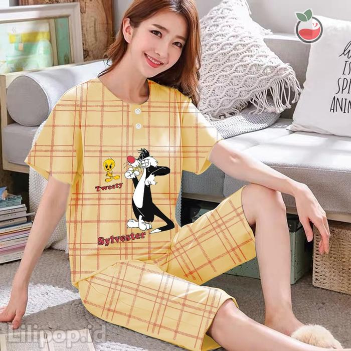 Sunchery Baju Tidur Wanita 3/4 Tweety Setelan Piyama BabyDoll Kaos Celana Pendek
