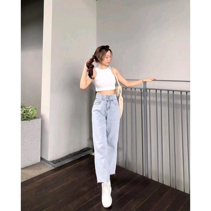 Celana Panjang Highwaist Kulot Jeans Wanita J23 Double Button 2 Kancing Pinggang Silang Belakang Gay