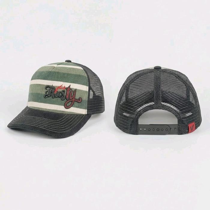 Topi Trucker Hitam dengan Desain Garis Hijau dan Logo 'Rusty' - Aksesori Fashion