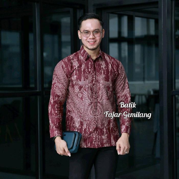 Angsana Kayu Kemeja Batik Pria Lengan Panjang dan Pendek Perpaduan 2 Warna (Merah Burgundy, Cream) K