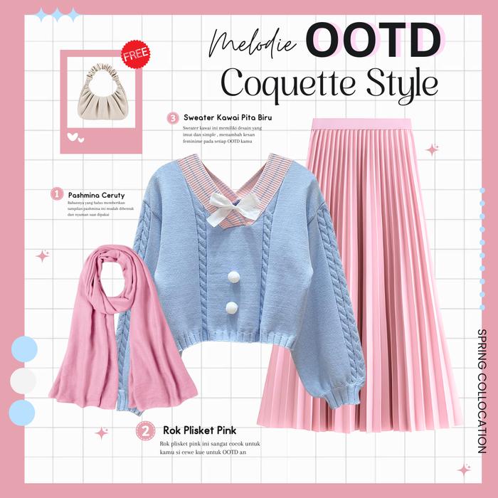 Baju One Set Hijab Style Rok dan Atasan | Pasmina, Sweater Kawai Biru  Pita , Rok Plisket Pink | Out