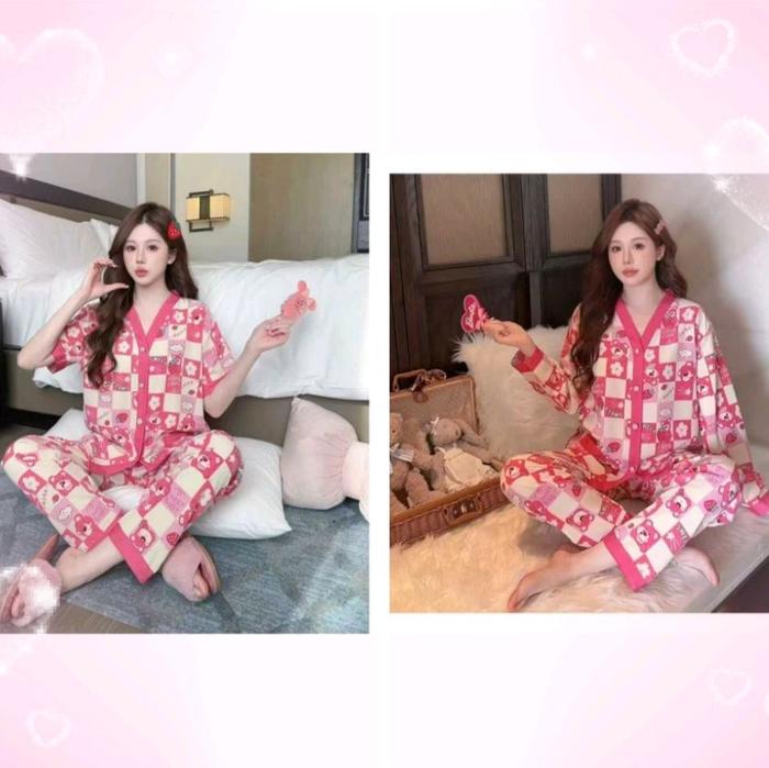 V01 Lotso Strawberry Piyama Vneck Viscos Satin Import Cp Pp Lengan Panjang Pendek Import Kekinian