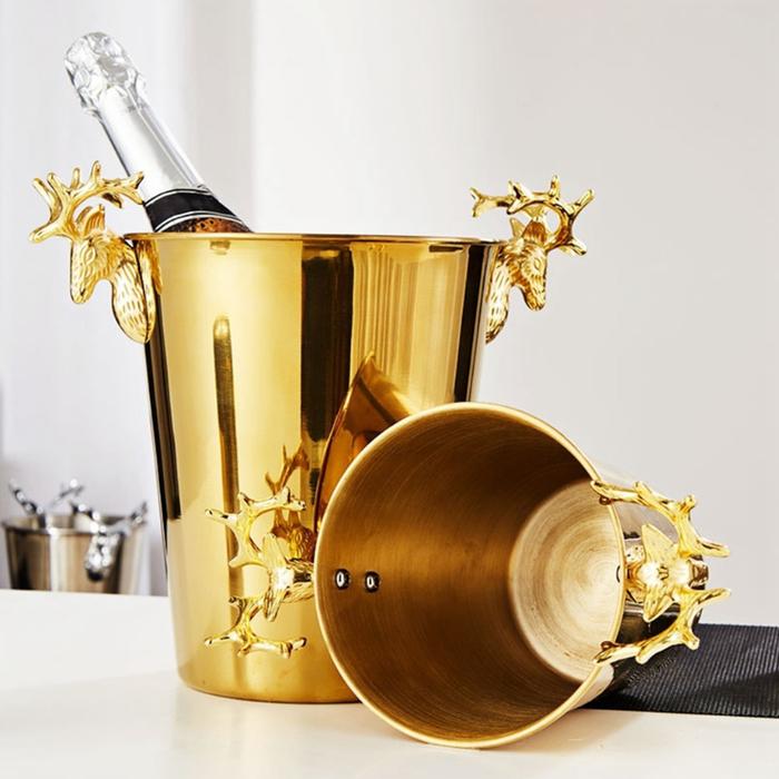1Pc Red Wine Western Stainless Steel Ice Bucket Elk Carving Bucket for Beer and Wine Chilling Golden