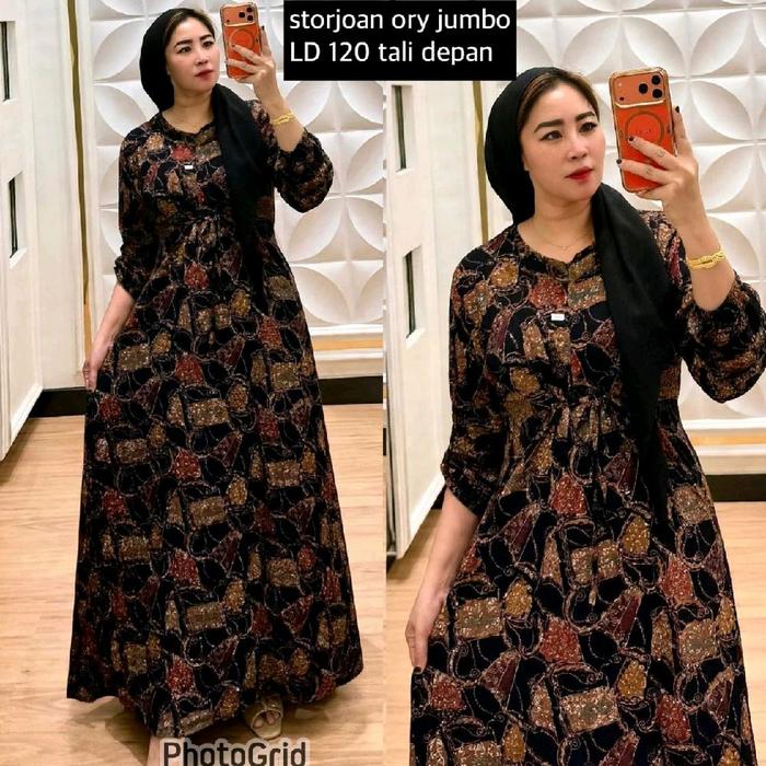 dress wanita gamis storjoan ori motif batik   bahan tuwil premium tali depan resleting depan jumbo l