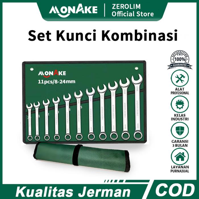 MONAKE JERMAN kunci ring pas set Pas 8-24mm/dengan  tas penyimpanan Set 11 pcs Kunci ring pas Set To