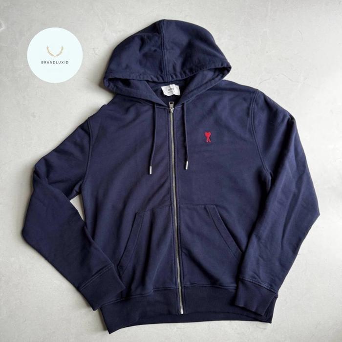 Ami paris love zipped hoodie sweatshirt in night blue